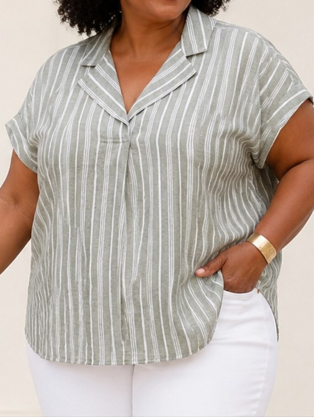 NWT Talbots Sandstone Stripe Linen Popover Top Olive Plus Petite 3X